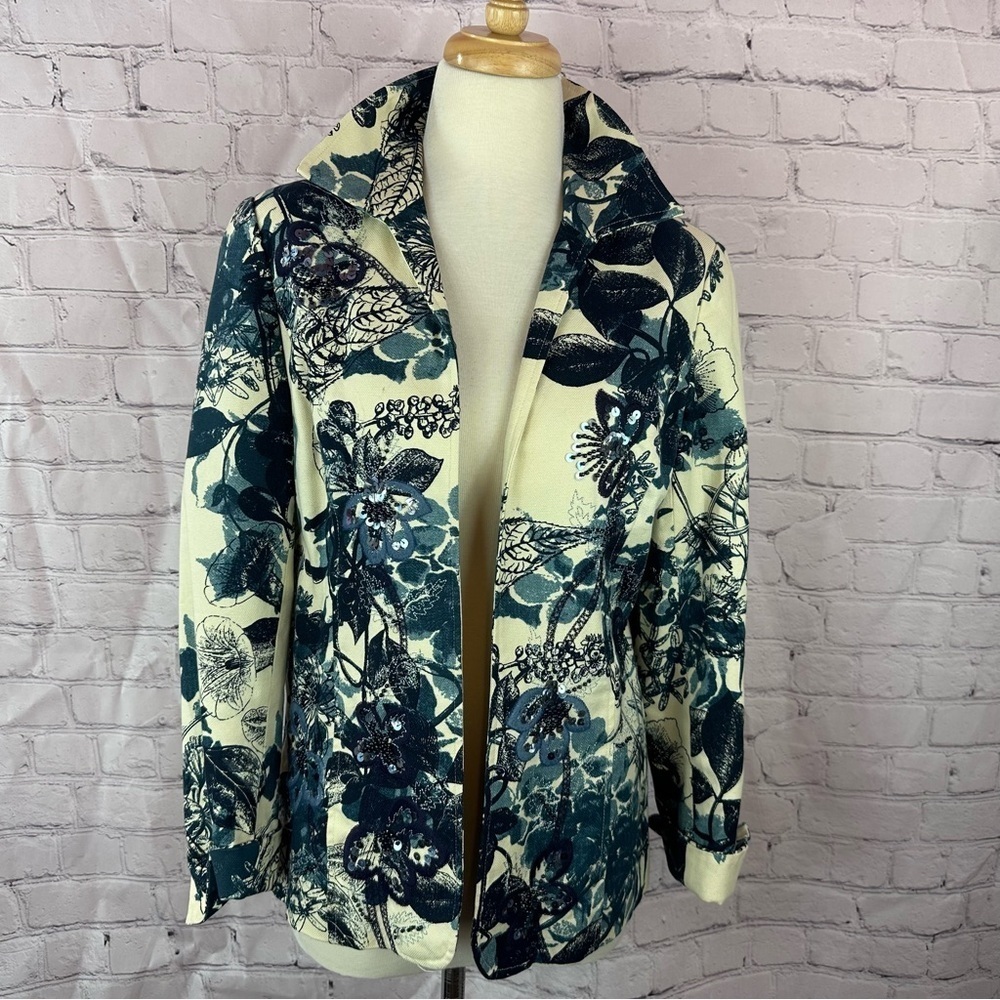 coldwater creek Floral Print embroidered beaded blazer Jacket sz 8 boho cottage